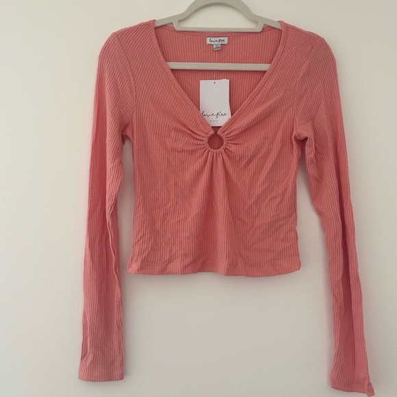 love, Fire Tops - Love Fire Coral Pink O Ring Long Sleeve Ribbed Knit Top